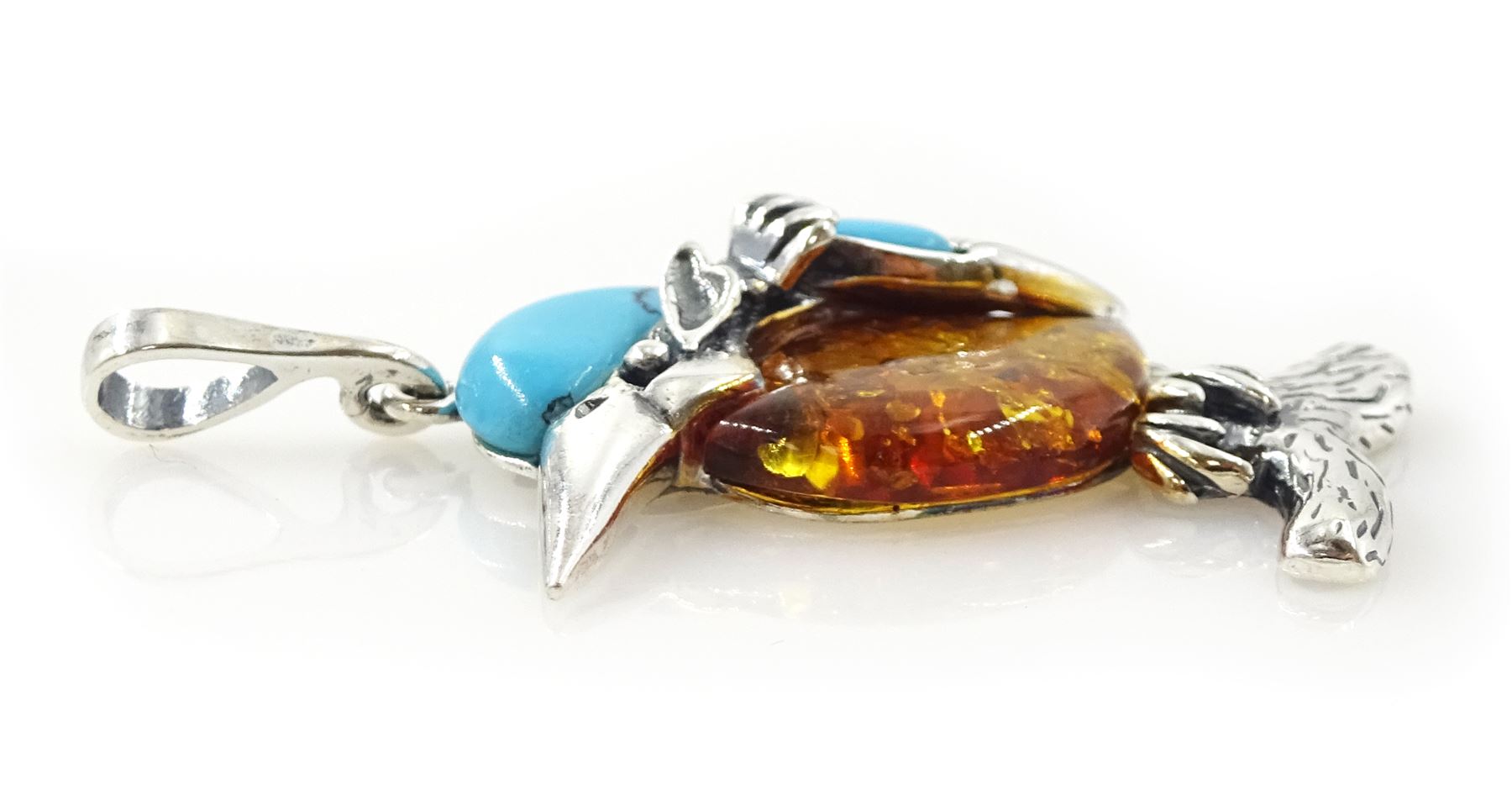 Silver turquoise and Baltic amber kingfisher pendant, stamped 925