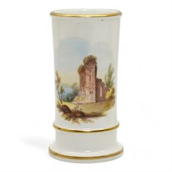 Early 19th century Spode porcelain basket, hand painted with pink roses and forget me nots and inscribed 'Walk Upon', L20cm, together with a similar Spode spill vase, two other spill vases, painted with flowers and castle, H10.5cm and an early English porcelain jug inscribed W & M West 1831, H16cm (5)