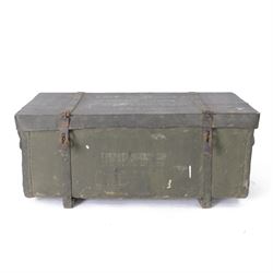 WWII portable trunk with canvas and wooden top and sides, fitted wicker interior with ammu...