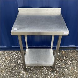 Stainless steel two tier preparation table, small raised back - THIS LOT IS TO BE COLLECTED BY APPOINTMENT FROM DUGGLEBY STORAGE, GREAT HILL, EASTFIELD, SCARBOROUGH, YO11 3TX