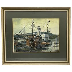 Sam Burden (British 1932/38-): Grimsby Trawler Moored beside Scarborough Lighthouse, watercolour signed 36cm x 49cm