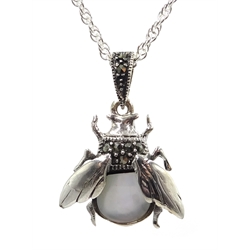  Silver mother of pearl and marcasite bug pendant necklace, stamped 925  