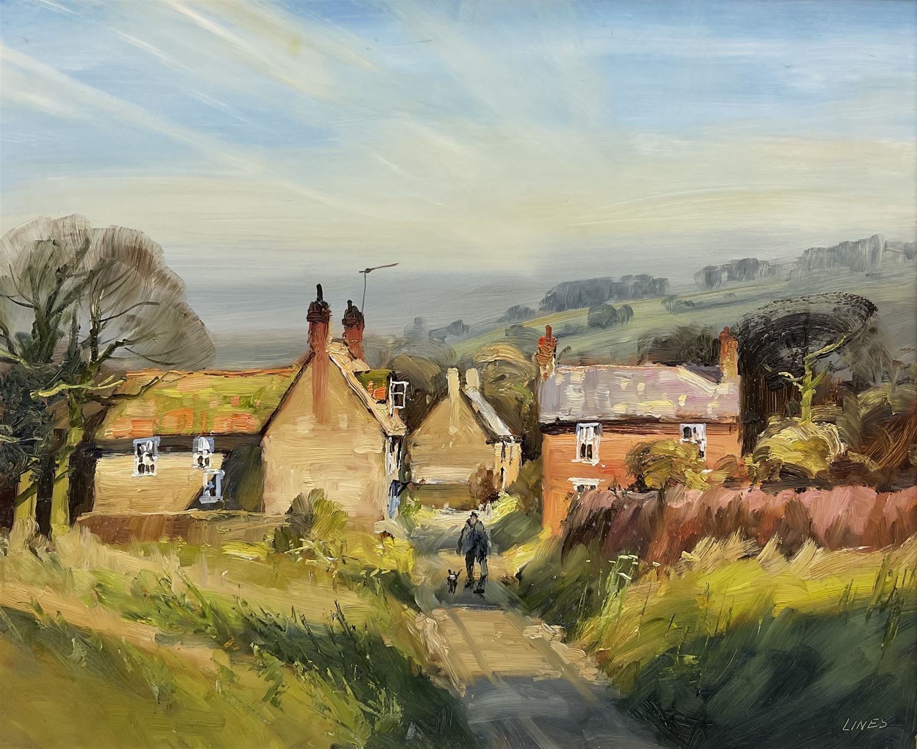 John Lines (British 1938-): Evening Stroll with the Dogs, oil on board signed 59cm x 71cm