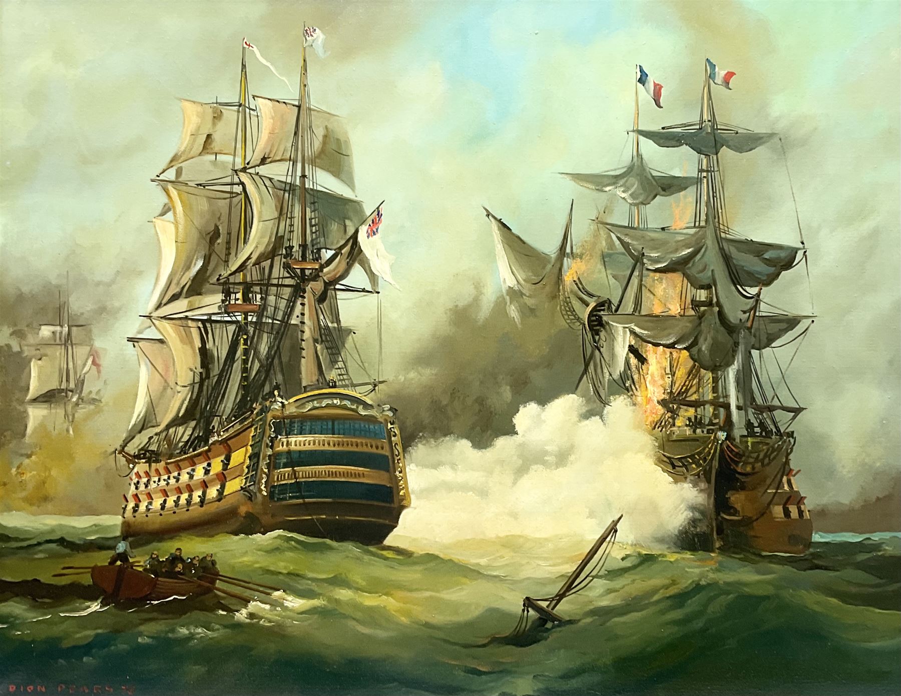 Dion Pears (British 1829-1985): French and British Men O' War, oil on canvas signed 70cm x 90cm