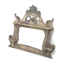 Early 20th century vintage painted overmantle mirror, shell carved and pierced cresting rail, single shelf on turned columns, W120, H112cm