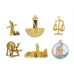Six 9ct gold pendant/charms including spinning wheel, Libra zodiac, windmill, Canterbury cathedral and 'Just in case' coin holder, all hallmarked
