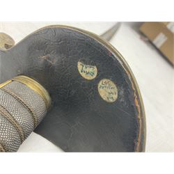 Victorian British Army officer's sword by Hobson & Sons Little Windmill Street London, the 82cm fullered steel blade etched with crowned Victoria cypher and 'HM 1st West York R.V.', lined gilded brass three-bar hilt incorporating Victoria cypher and wire-bound fish skin grip with plaited knot; in steel scabbard with two hanging rings L99cm overall