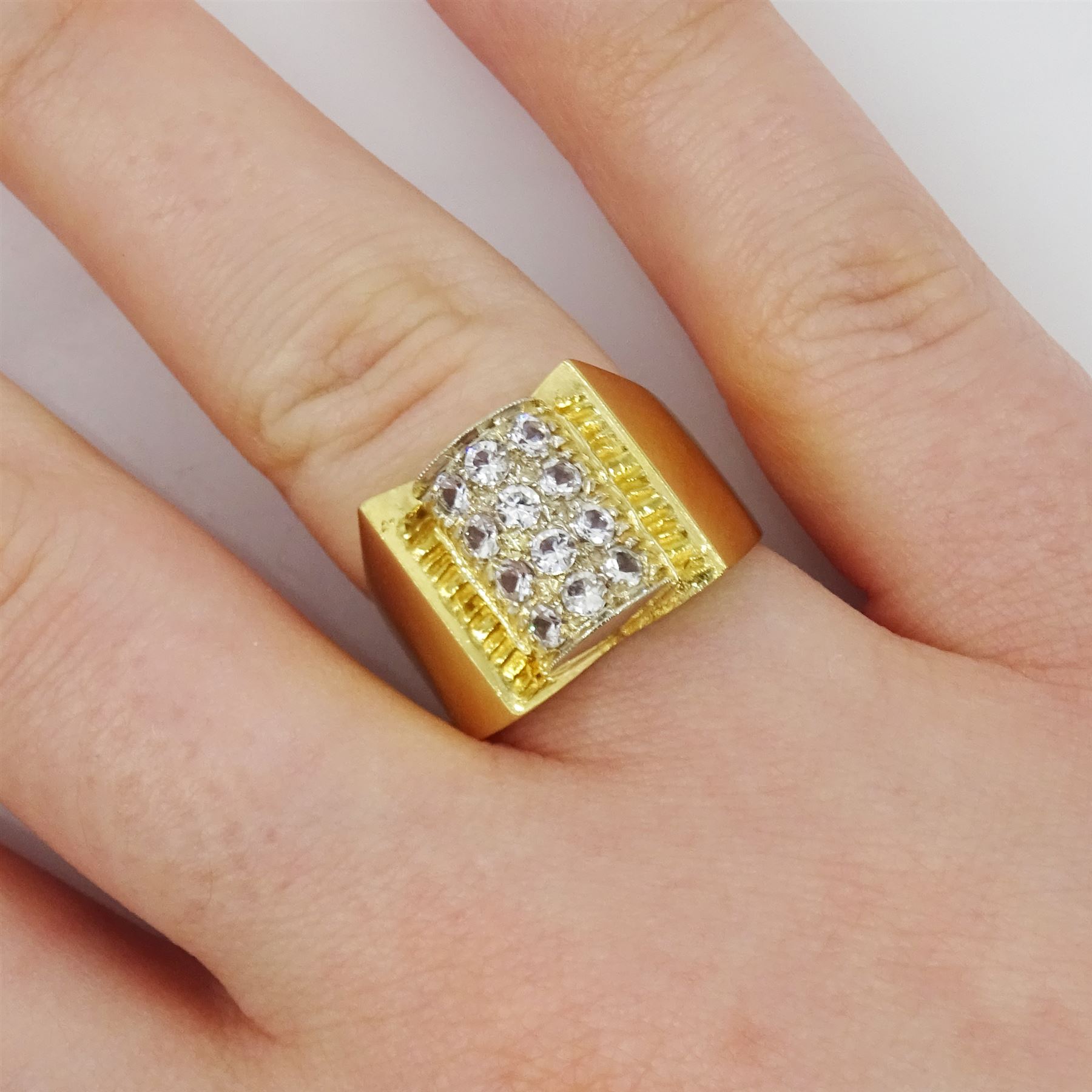 18ct white and yellow gold white spinel, abstract design ring, stamped 750