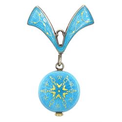 Nadine Swiss silver and enamel fob watch, silvered circular dial with baton markers, cased in blue guilloche enamel with gilt decoration, suspended from a matching brooch