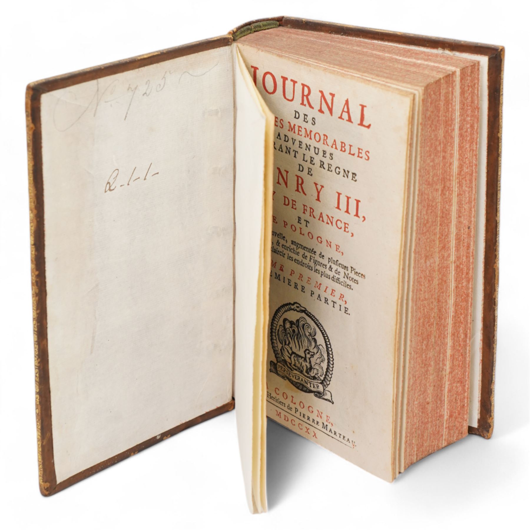 Pierre de L'Estoile - 'Journal des Choses Memorables Advenues de Henry III' published in French by P Marteau, Cologne two volumes 1720 in full calf (2), De Vigny, Alfred - 'Theatre Complet' pub. 1848 half calf, 'Cinq-Mars' pub 1898, De Stendhal - 'La Peintre en Italie' 1864 and H Taine - 'Voyage en Italie' two volumes bound together 1880, all published in French (4)