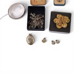 Silver charm bracelet, bangle and locket, 9ct gold back and front heart locket and a collection of costume jewellery