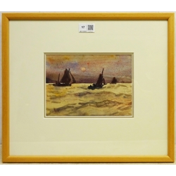  Joseph Richard Bagshawe (Staithes Group 1870-1909): Fishing Boats setting Sail at Sunrise, watercolour, authenticated by his granddaughter verso 15cm x 21cm  