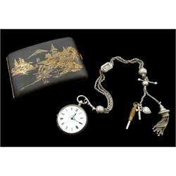  Continental silver fob watch stamped 800 with Albertina chain and key and a Japanese damascene cigarette case circa 1920  