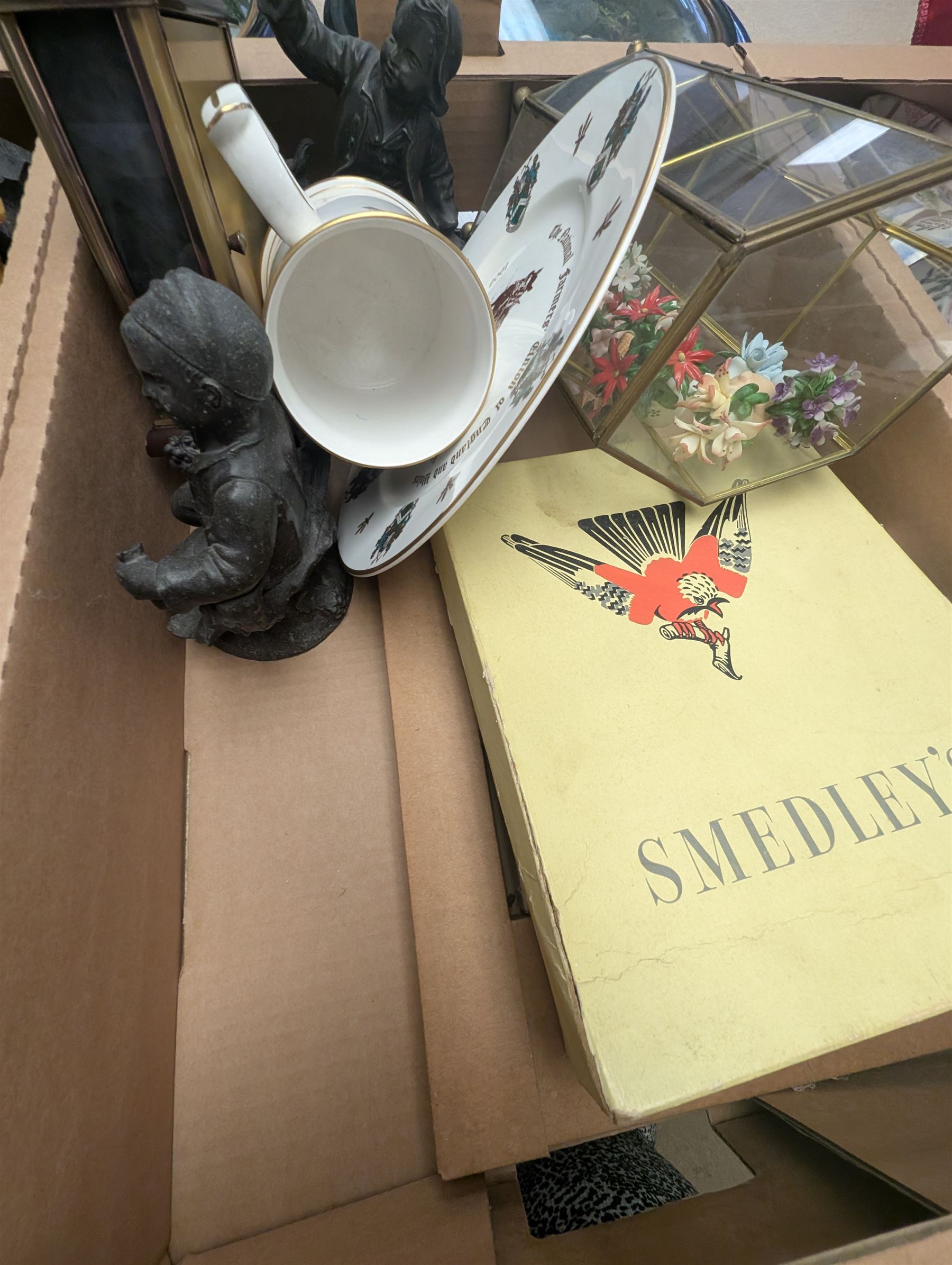 Japanese tea service, wash jug and bowl, Metamec mantle clock, table lamp with shade, and other ceramics and collectables, in four boxes
