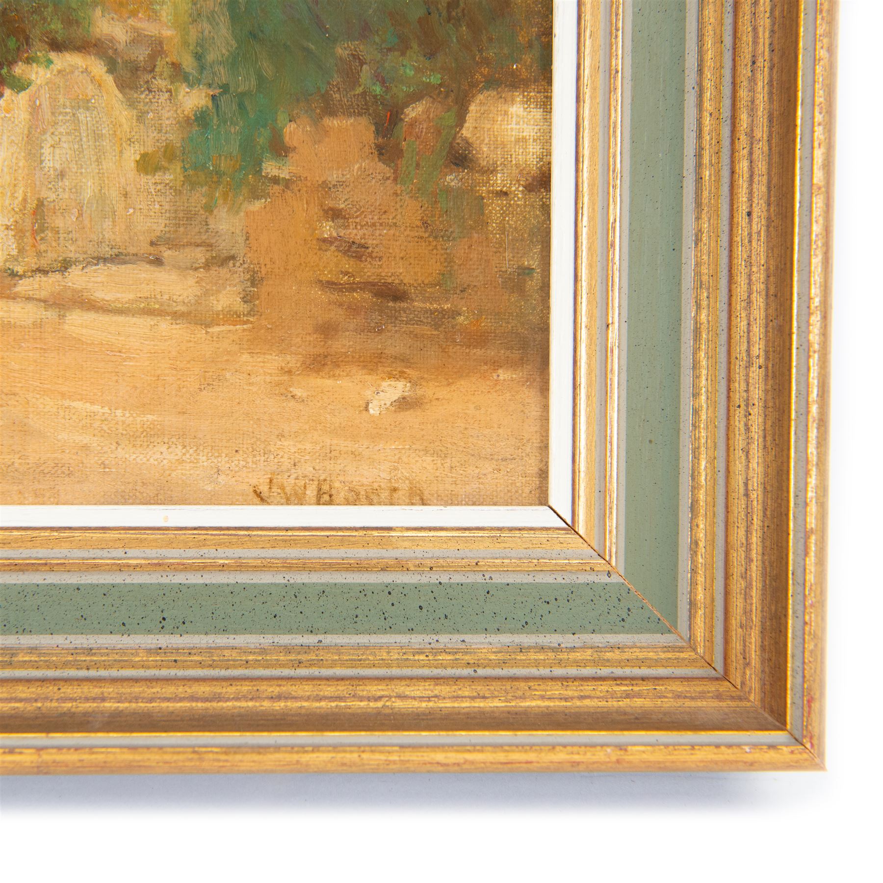 James William Booth (Staithes Group 1867-1953): Girls Beside a Thatched Cottage, oil on canvas laid on board signed 21cm x 30.5cm 