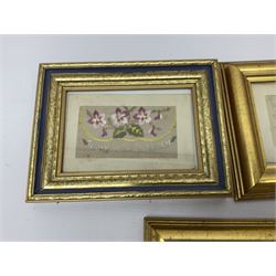 Collection of twenty eight, mostly WWI period embroidered silk greetings cards and postcards, including 'A kiss from France', good luck, sweetheart and Christmas examples, all within modern gilt frames