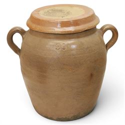 Three large 20th century Spanish stoneware confit pots and covers, each of ovoid form with twin loop handles to shoulders, and lift off covers, tallest example H43.5cm