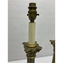 Pair of brass table lamps in the form of fluted Corinthian columns, H46cm