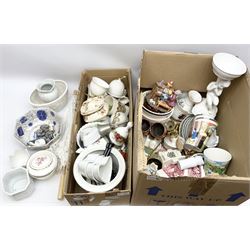 Collection of ceramics and other collectables, including crested ware  clock, tank and cheese dish, Royal Crown Derby trinket dishes in ’Derby Posies’ design, a selection of planters etc, two boxes.  
