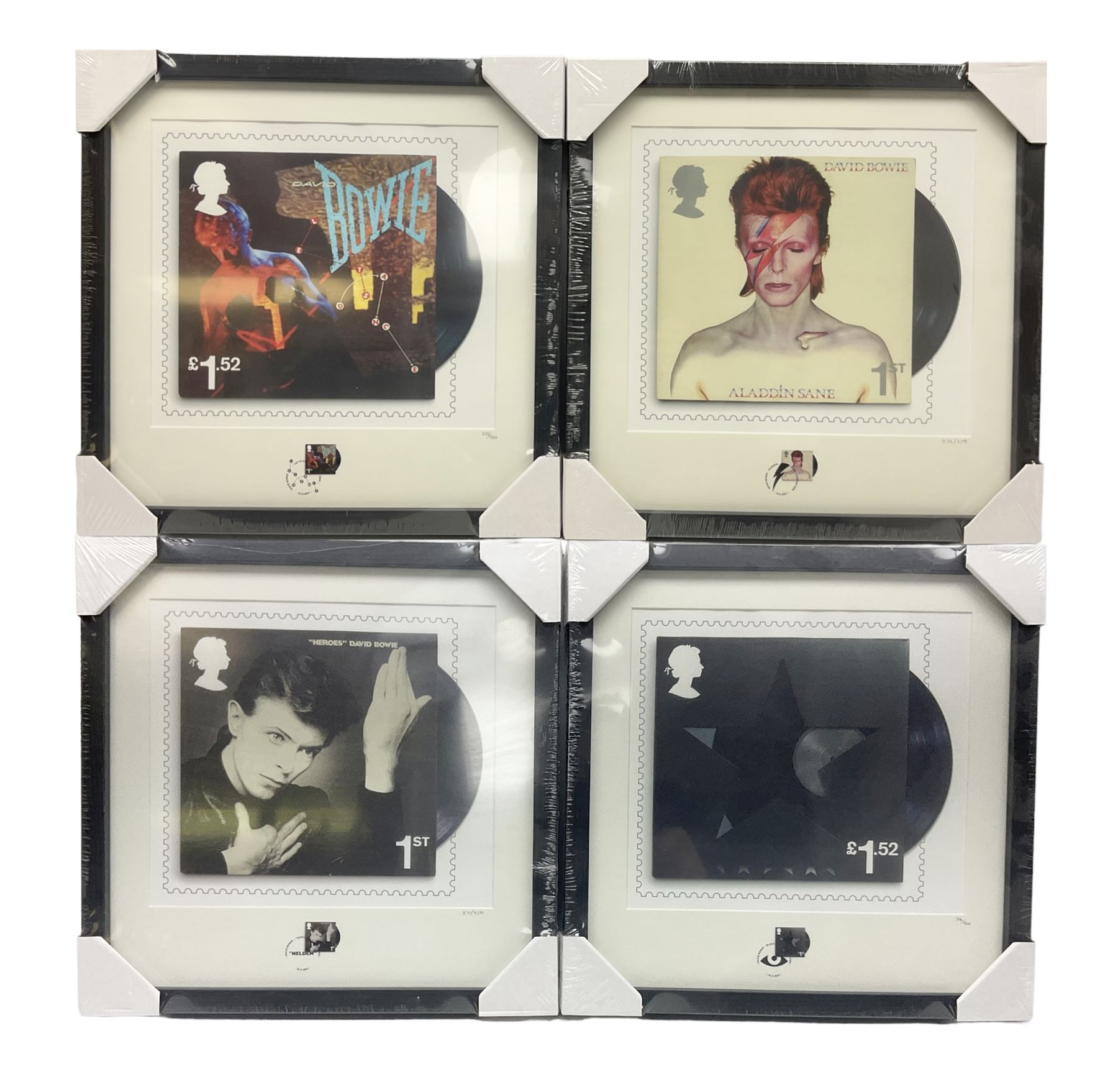 Set of four Royal Mail David Bowie limited edition album stamp prints, comprising Blackstar, Heroes, Let's Dance and Aladdin Sane, all framed and in original packaging, H43cm W43cm