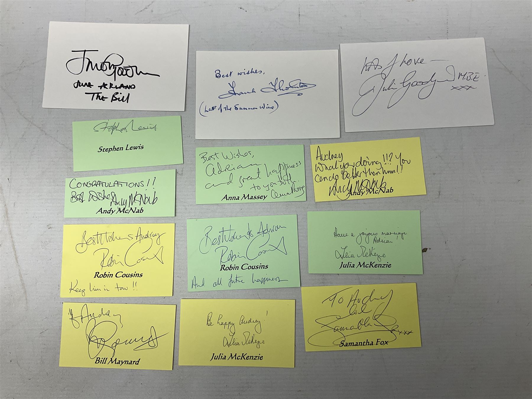 1949 England cricket team signatures including Hutton, Compton, Edrich, Laker etc on loose album page; and large quantity of other autographs of predominantly TV Soap Opera stars from Last of the Summer Wine, Eastenders, Emmerdale, Coronation Street, Heartbeat etc and other TV/Film personalities; on promotional photographs and clipped fragments of paper etc