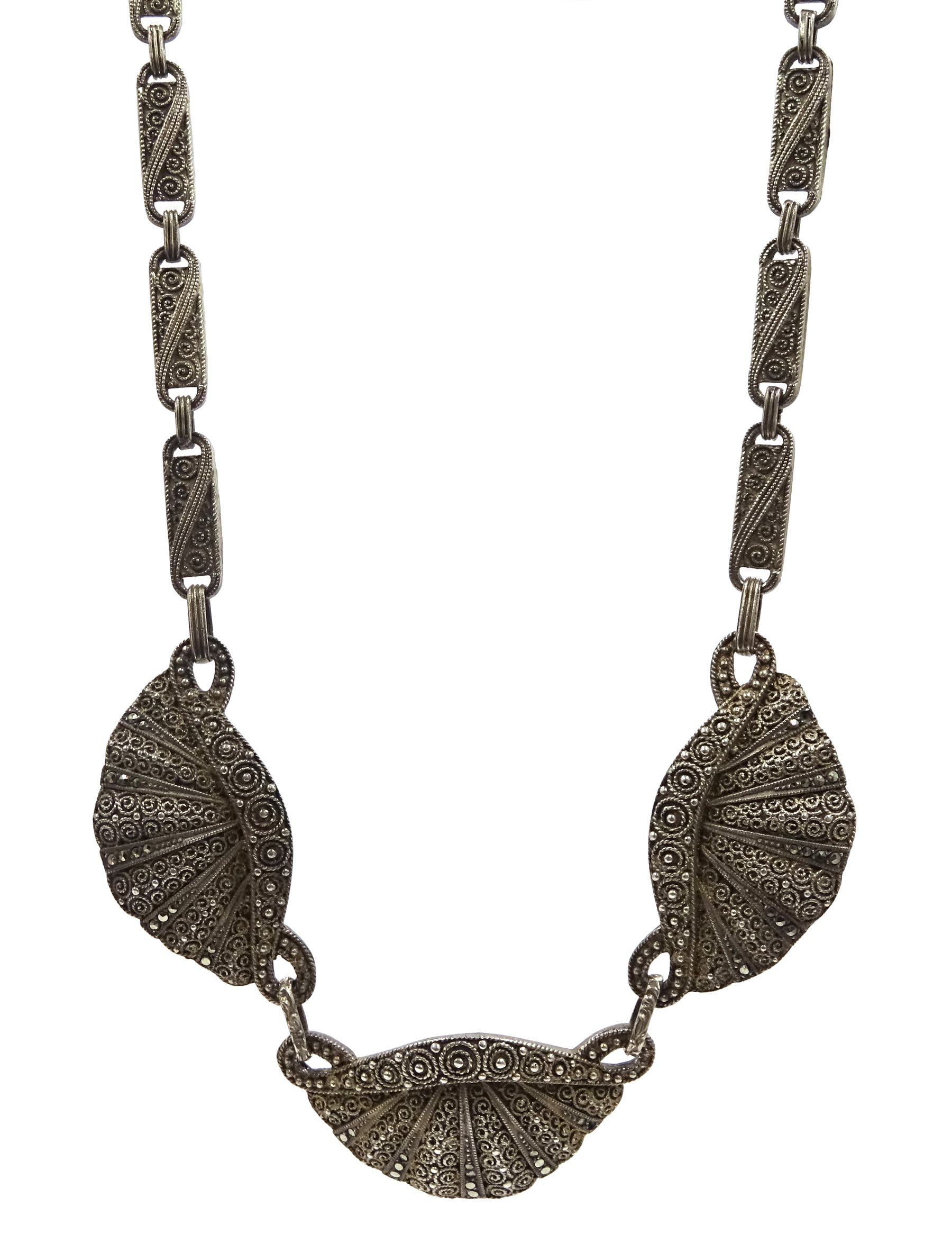 Thedore Fahrner Art Deco  silver and marcasite scalloped design necklace, stamped TF 925