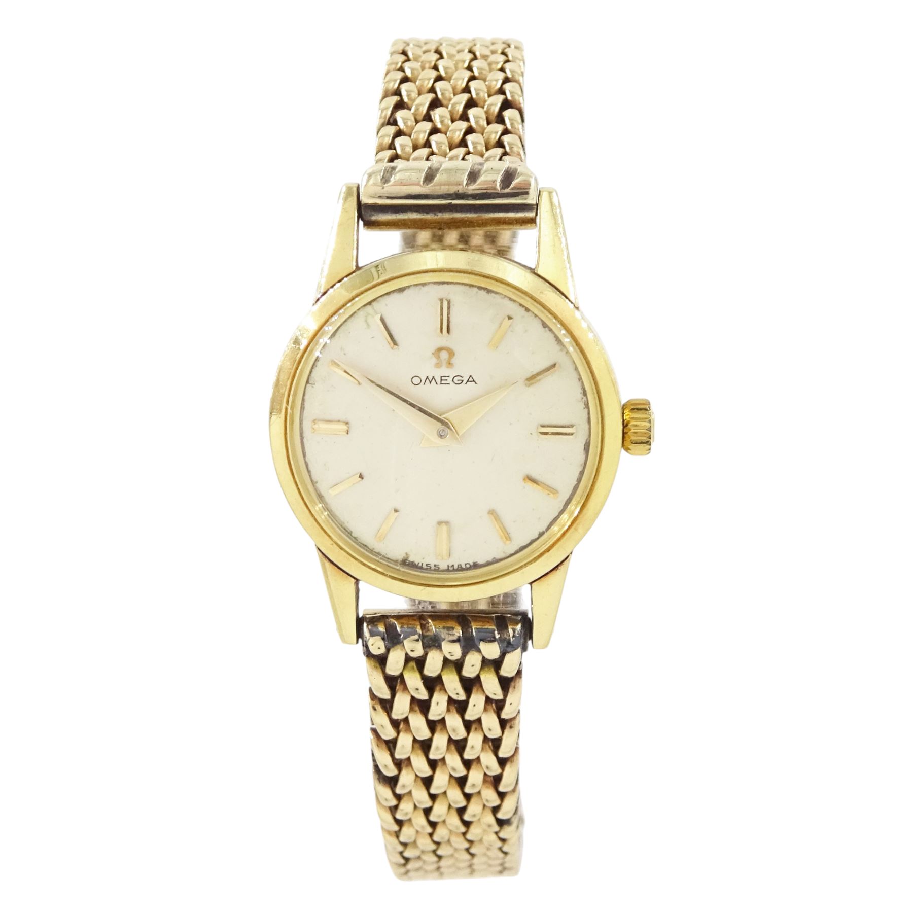 Omega ladies 18ct gold manual wind wristwatch, Cal. 244, silvered dial with baton hour markers, Helvetia hallmark, on 9ct gold bracelet, with fold-over clasp, Birmingham 1990