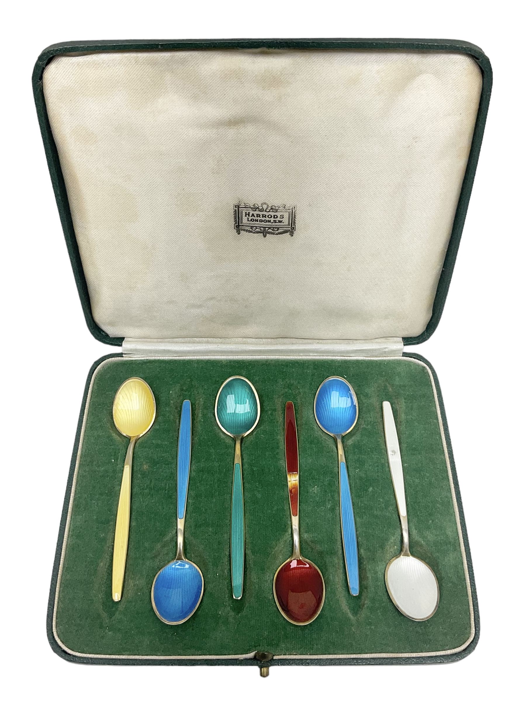 Mid-century cased set of six David Anderson guilloche and gilt coffee spoons, with enamelled bowls and handles stamped 'D.A', scales mark, '9255', 'Norway' and 'Sterling'