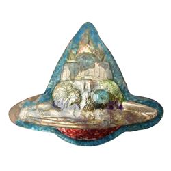 Henry George Murphy (1884-1939), Arts & Crafts enamel panel, of stylised form decorated with a stylised temple on a hill, upon a blue toned ground, H13cm W15cm