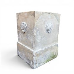 J M Blashfield - pair of 19th century buff terracotta garden urn plinths, square form with stepped base, decorated with relief lion masks