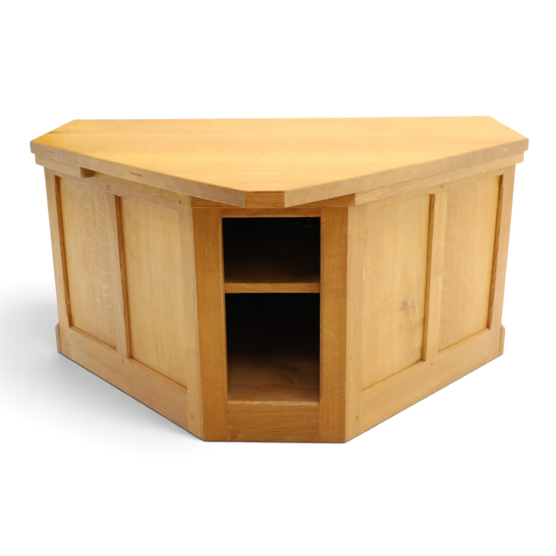 Seahorseman - craftsman made Yorkshire oak corner media unit, fitted with two panelled fall-front compartments flanked by open corner shelves, carved with seahorse signature, by Shaw and Michael Riley, Hessay, York
