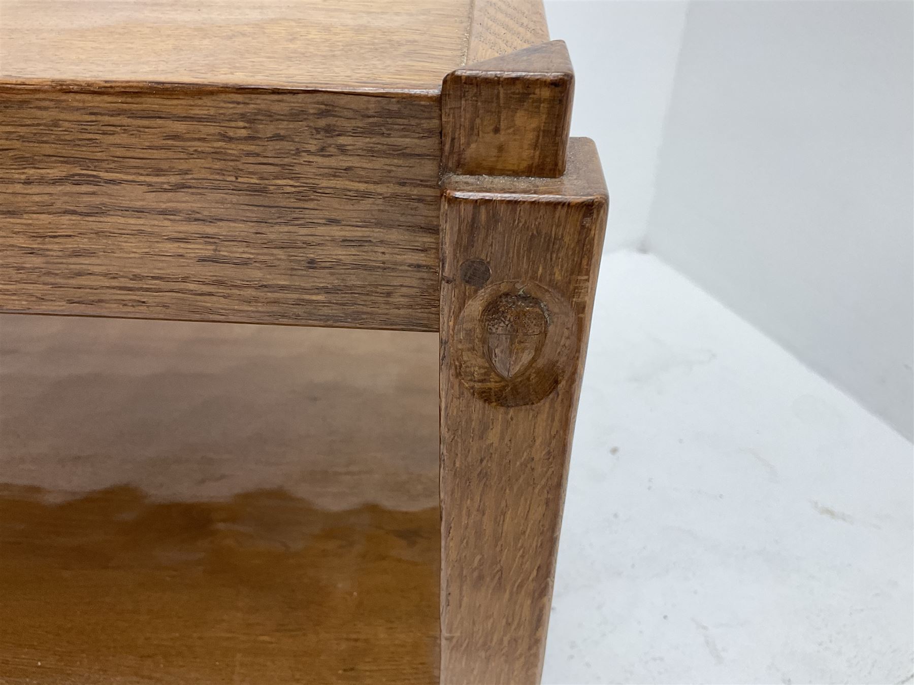 'Acornman' oak tolley with removable upper occasional table, all over adzing, by Alan Grainger of Brandsby, York