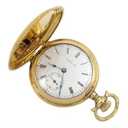 Early 20th century gold full hunter lever fob watch by Elgin, No. 14422458, white enamel dial with subsidiary seconds dial, case with folate decoration