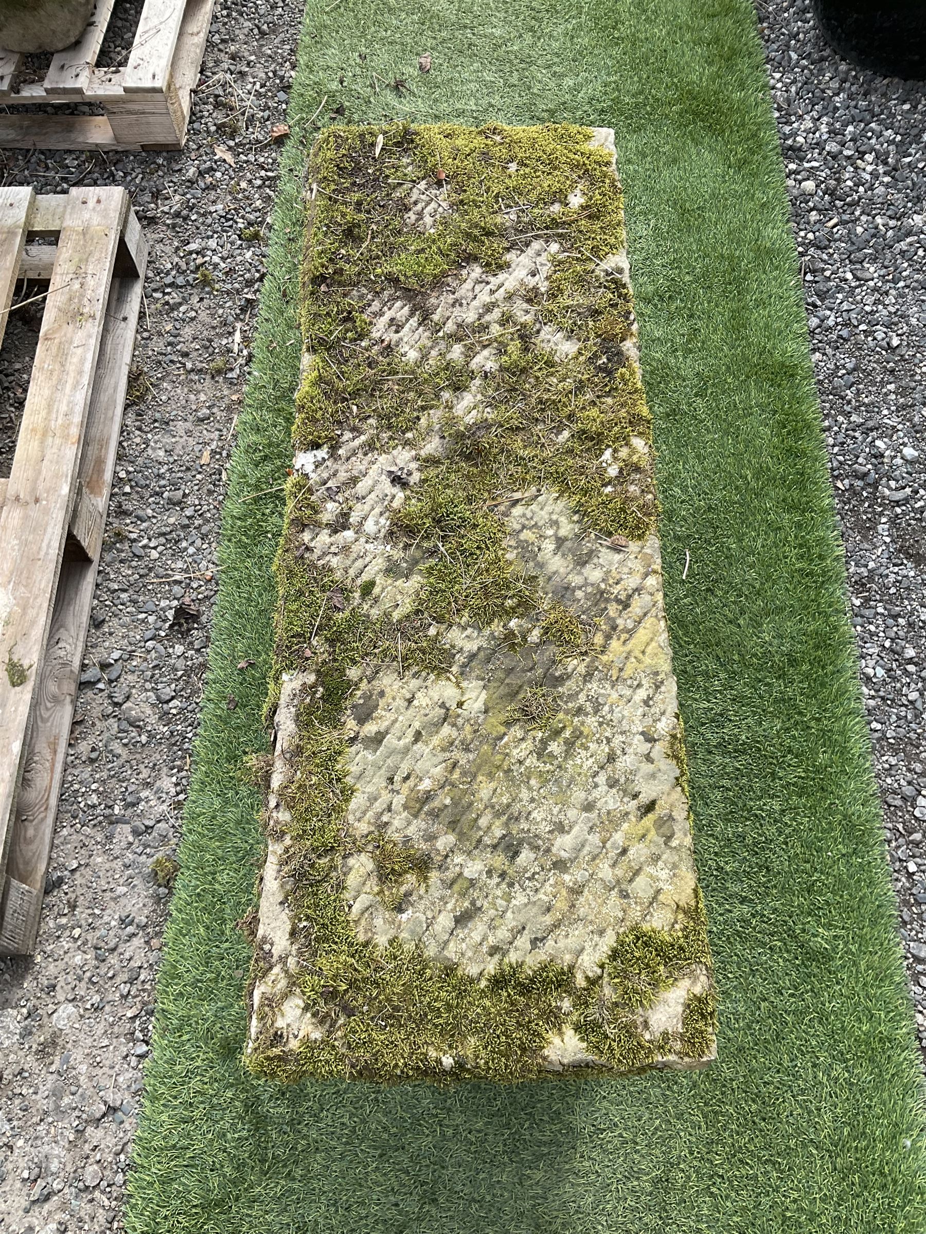 Weathered stone rectangular garden seat bench, three sections - THIS LOT IS TO BE COLLECTED BY APPOINTMENT FROM DUGGLEBY STORAGE, GREAT HILL, EASTFIELD, SCARBOROUGH, YO11 3TX