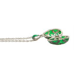 Silver green plique-a-jour and marcasite locket pendant necklace, stamped 925