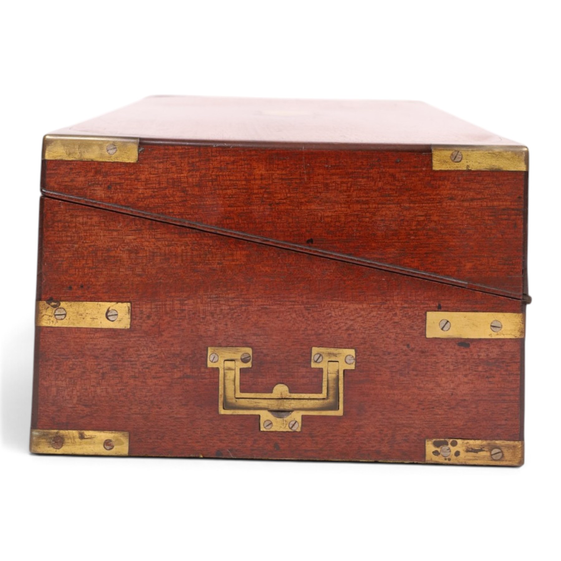 Mid 19th century brass bound mahogany writing box, with flush handles and side draw, the hinged lid opening to reveal a green felt writing slope, H16cm, L46cm 
