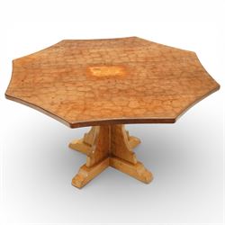 Sid Pollard of Thirsk - octagonal oak adzed dining table, with curved edges on a quatriform base