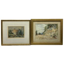 J Morris (British 19th century): Cottage by the River, watercolour signed and dated 1865; FG Hewitt (British 19th century): Figure Walking Down Country Road, watercolour signed and dated 1897 max 25cm x 34cm (2)