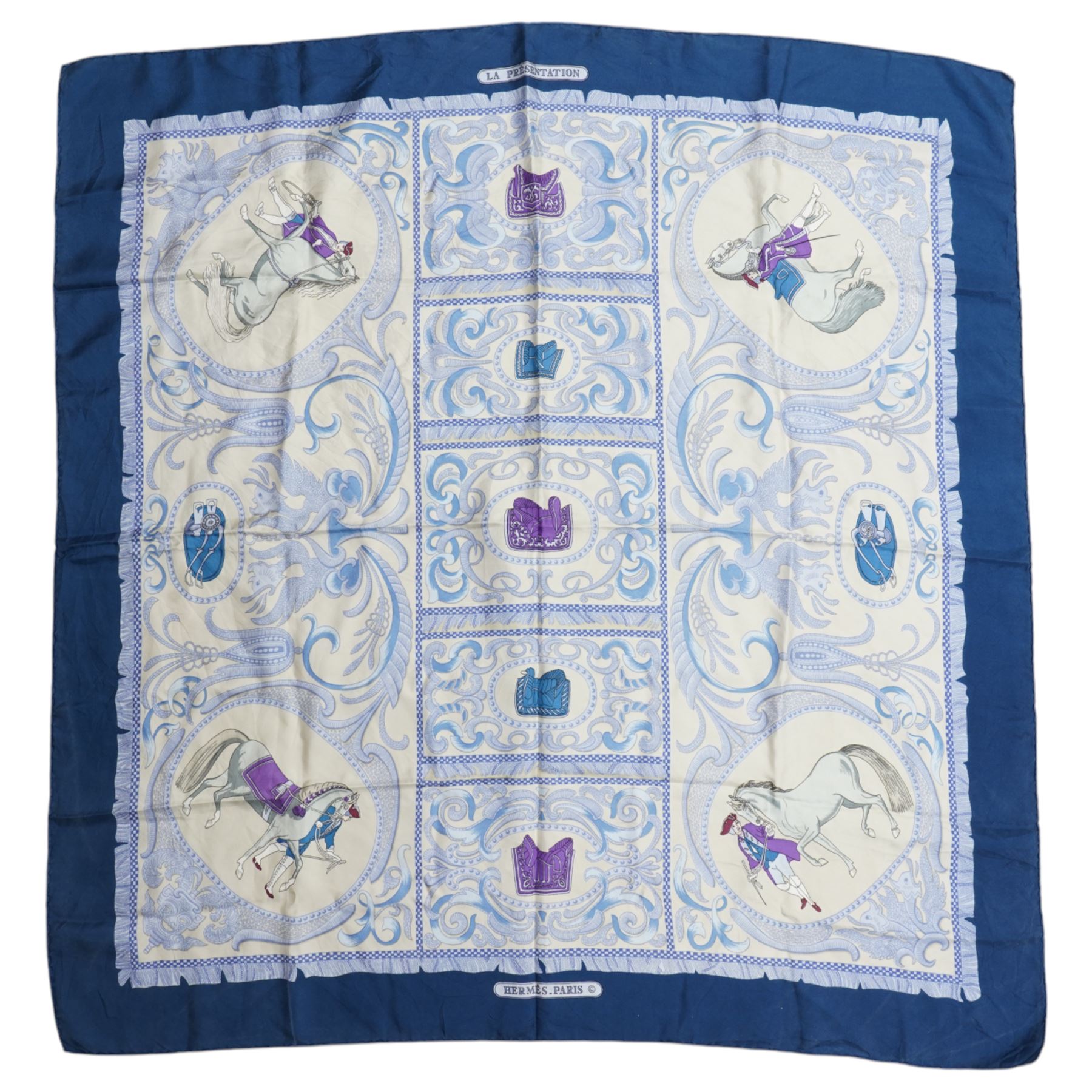Hermes 'La Presentation' silk scarf in teal and cream colourway, designed by Christiane Vauzelles, 88cm x 86cm 