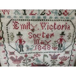 Victorian sampler by Emily Victoria, dated May 1848, worked with the bands of alphabet, figures and house, further detailed with other motifs including urn of flowers, dog, and crowns, within a vine border, framed and glazed, overall H33 W25.5cm