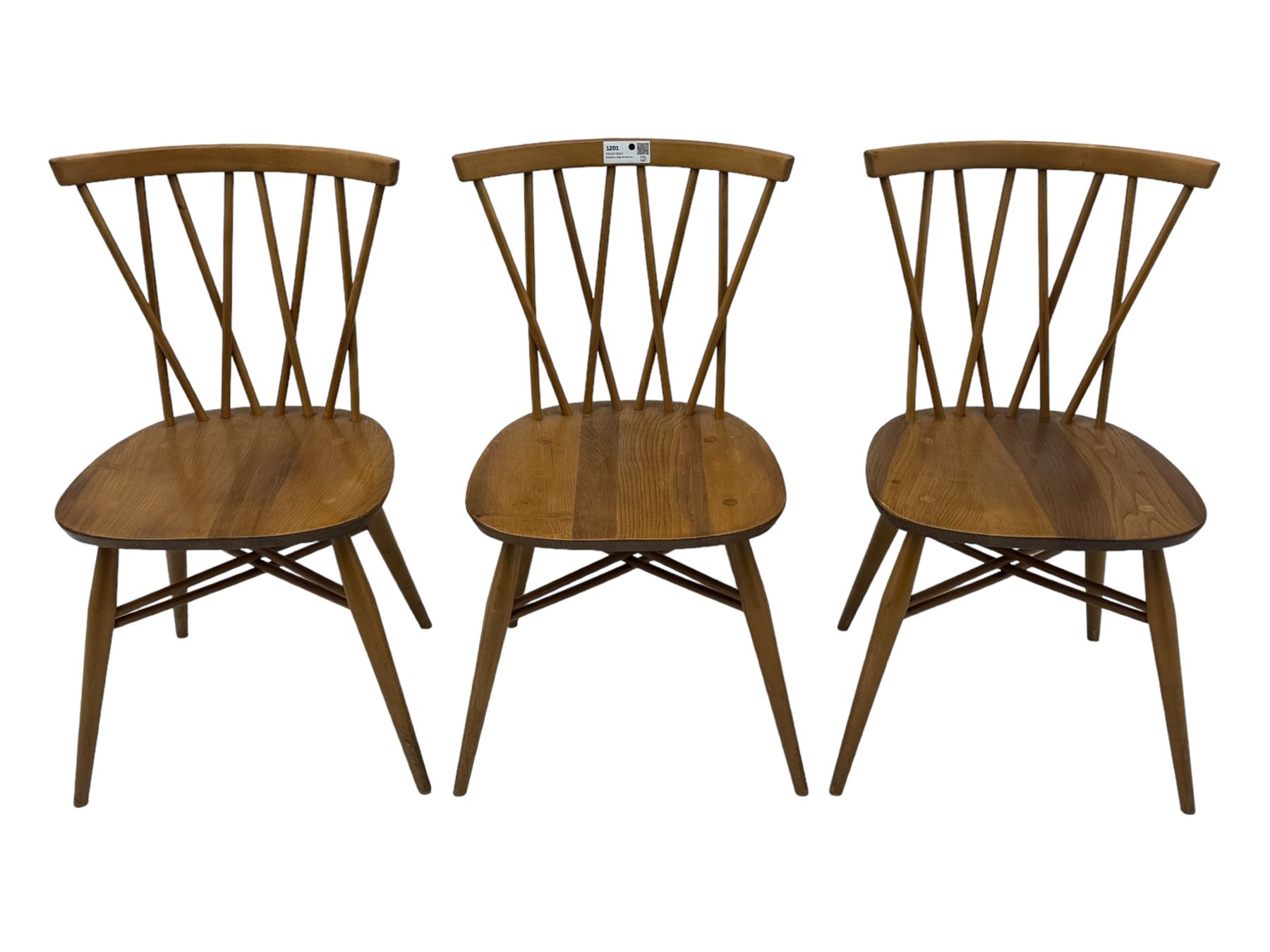 Lucian Ercolani for Ercol - set of six 'Shalstone dining chairs, curved top rail and spindle back with criss-cross design, solid seat raised on tapering supports, united by matching criss-cross stretchers