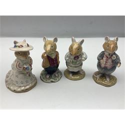 Five Royal Doulton Beatrix Potter figures, comprising Poppy Eyebright, Clover, Lord Woodmouse, Mr Apple and Dusty Dogwood, together with Beswick Appley Dapply figure and three Crummles Beatrix Potter enamel pill boxes