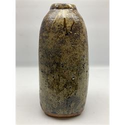 Janet Leach (American, 1918-1997) for Leach Pottery; studio pottery Bizen style vase of tapering form, the stoneware body decorated in a mottled green and brown dripped ash glaze, with impressed J.L. monogram and stamp marks beneath, H30cm