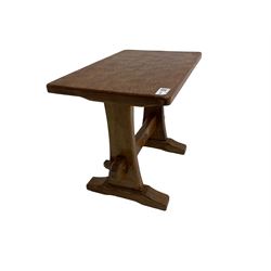 Acornman - oak occasional or side table, rectangular adzed top on shaped end supports joined by pegged stretcher on sledge feet, by Alan Grainger of Brandsby