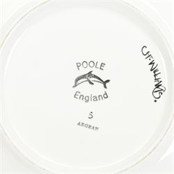 Poole pottery charger decorated with an owl on orange ground signed J. F. Williams, D35cm