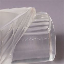 Lalique 'Chouette' frosted glass owl paperweight,  inscribed 'Lalique, France' to plinth, H9cm