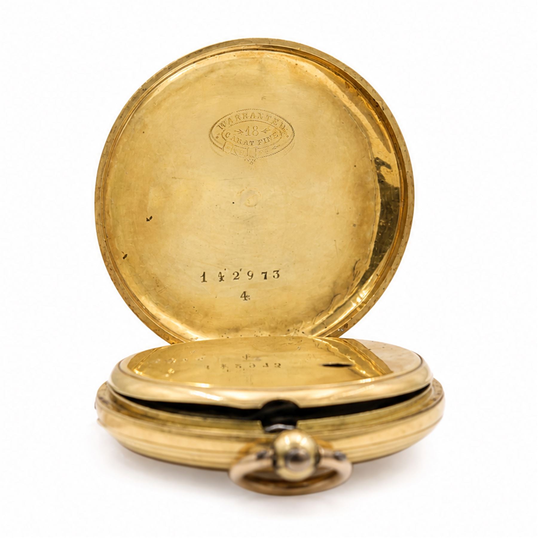 19th century 18ct gold cylinder pocket watch, gilt dial with Roman numeral hour markers, retailed by A.Matthey, back case with engine turned decoration and empty cartouche, stamped 18 Carat Fine