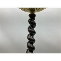 Mahogany candle stand, with small brass dish supported on barley twist column and three brass cabriole legs, together with another wooden barley twist candle stick, tallest H76cm