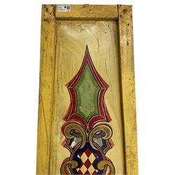Two early 20th century fairground 'Chair-O-Plane' panels, wooden framed with sheet metal panels, painted in yellow with scrolled cartouche decoration in red, gold and green
