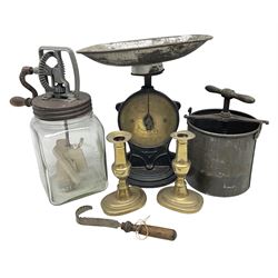 Glass jar hand crank Slow Butter Churn, together with Salter's scales, pair of brass candlesticks etc